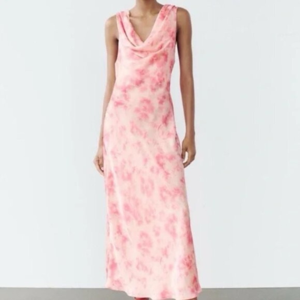 ZARA Pink Tie Dye Satin Strappy Tie Back Maxi Dress Size Small